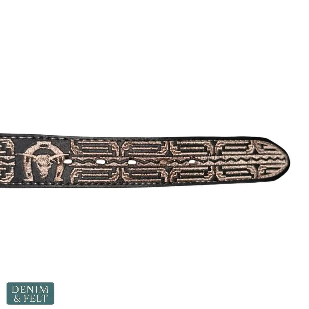NEW Cinturon Montoro Black Leather Western Belt Bull Embroidered‎ Buckle Mens 42
